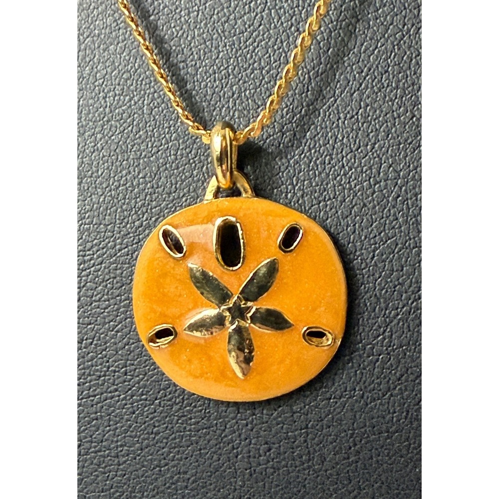 Vintage Sand Dollar Necklace Pendant Gold Tone Enamel Coastal Nautical